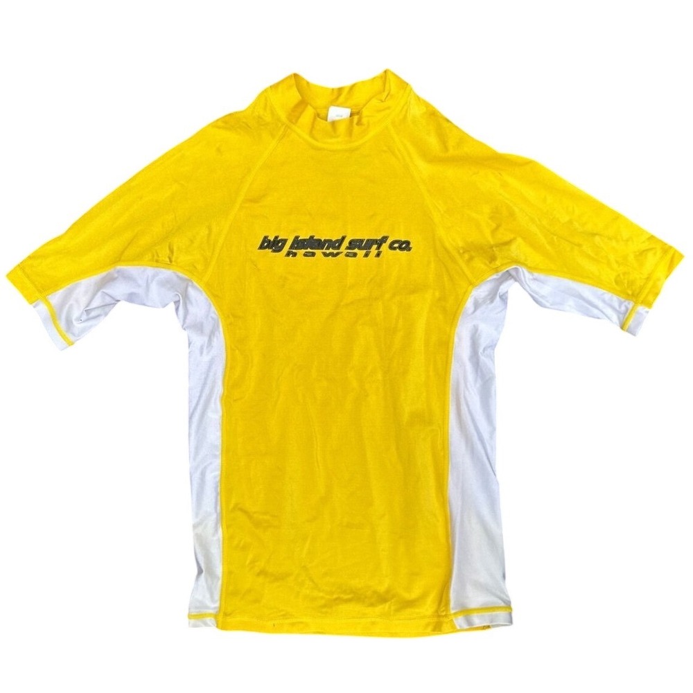 Big Island Surf Co Hawaii Rash Guard Mens Medium Yellow White Short Sleeve Swim